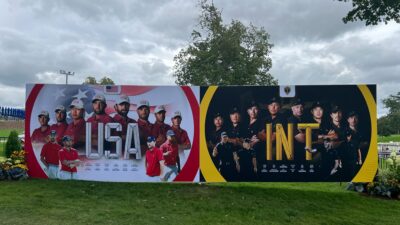 Team USA and Team International posters at Medinah ahead of the 2026 Presidents Cup
