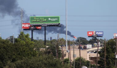 A plume of flames and smoke emit from a chemical plant on Monday, Sep. 14, 2025.