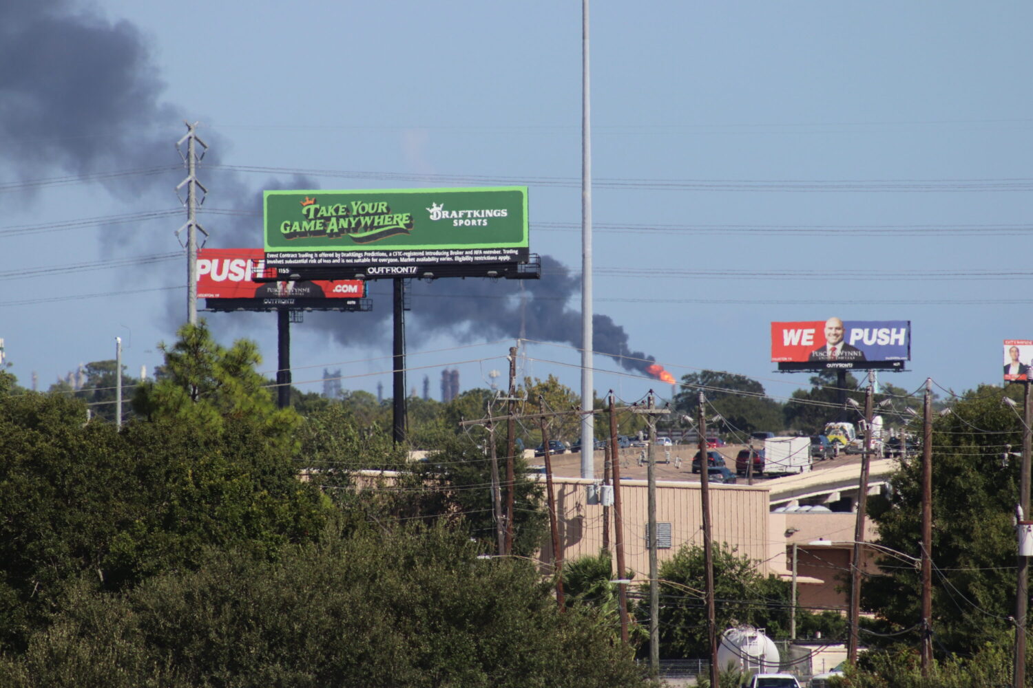 A plume of flames and smoke emit from a chemical plant on Monday, Sep. 14, 2025.
