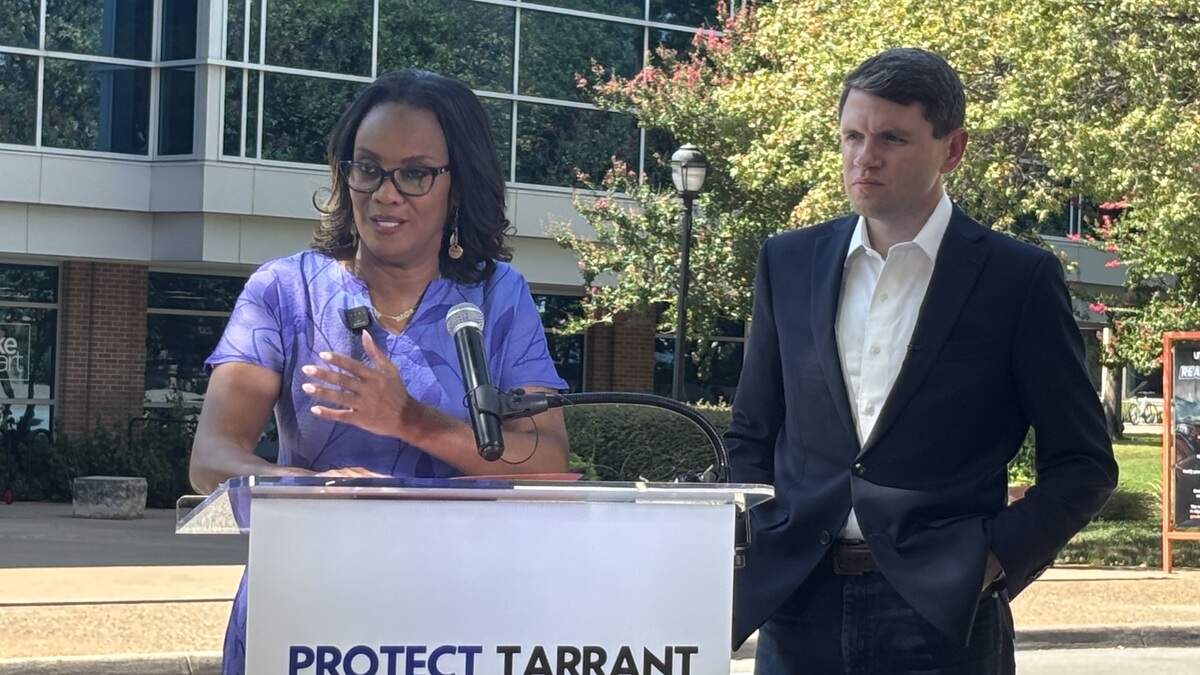 Tarrant County Commissioner Alisa Simmons and Texas House Rep. James Talarico call for the protection of voters’ rights in front of the University of Texas at Arlington Maverick Activity Center.