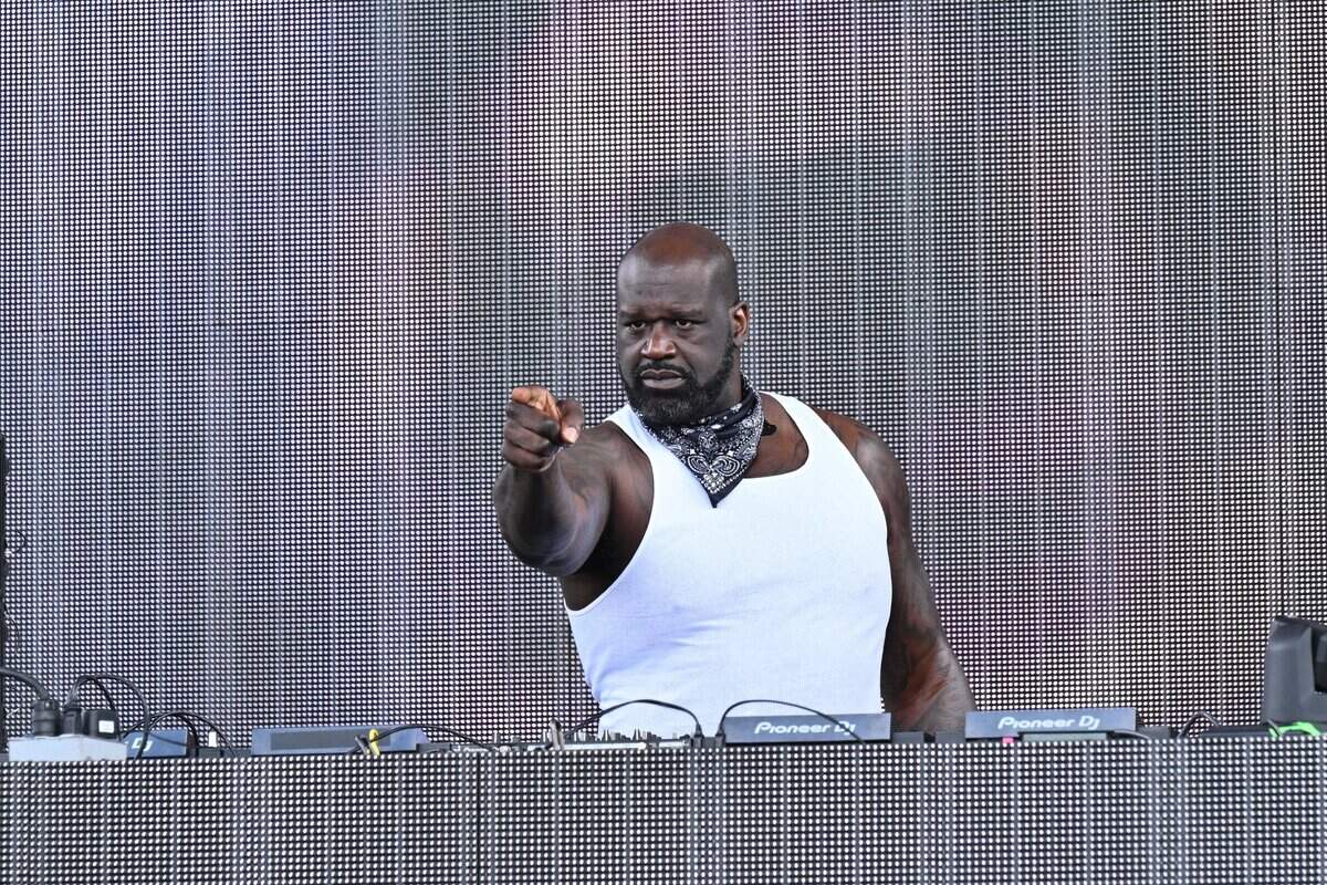 Jul 8, 2023; Chicago, Illinois, USA; Shaquille O’Neal, AKA DJ Diesel, performs before the game between the San Diego Legion and the New England Free Jacks at Seat Geek Stadium. Mandatory Credit: Jamie Sabau-USA TODAY Sports