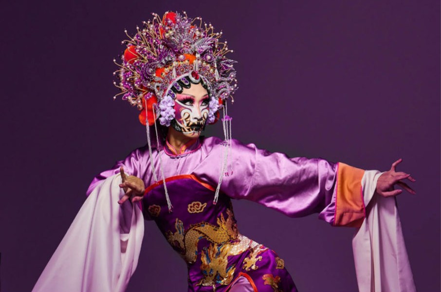 Performer Nymphia Wind poses in traditional Taiwanese garments