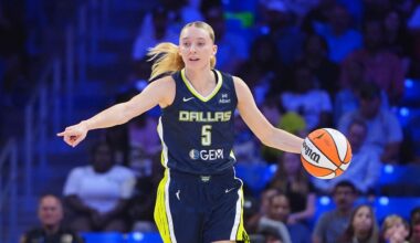 Dallas Wings guard Paige Bueckers dribbles the ball during the first half of a WNBA basketball game against the Atlanta Dream in Arlington, Texas, Wednesday, July 30, 2025. (AP Photo/LM Otero)
