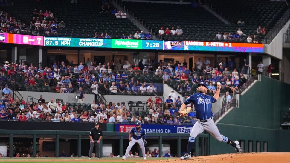 Tampa Bay Rays starting pitcher Shane McClanahan throws to the Texas Rangers during the second inning of a baseball game Thursday, Sept. 3, 2026, in Arlington, Texas. (AP Photo/Julio Cortez)