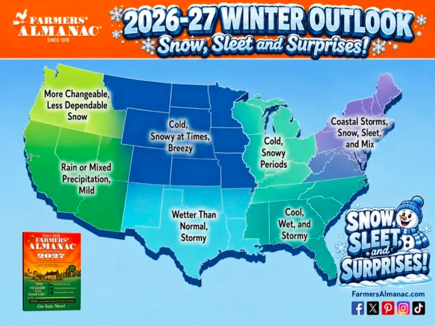 Graphic shows the Farmers' Almanac' 2026-2027 winter predictions mapped out over the United States. 
