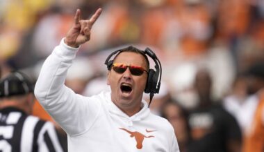 Texas head coach Steve Sarkisian reacts to fans in the second half of an NCAA college football game against Michigan in Ann Arbor, Mich., Saturday, Sept. 7, 2024. (AP Photo/Paul Sancya)