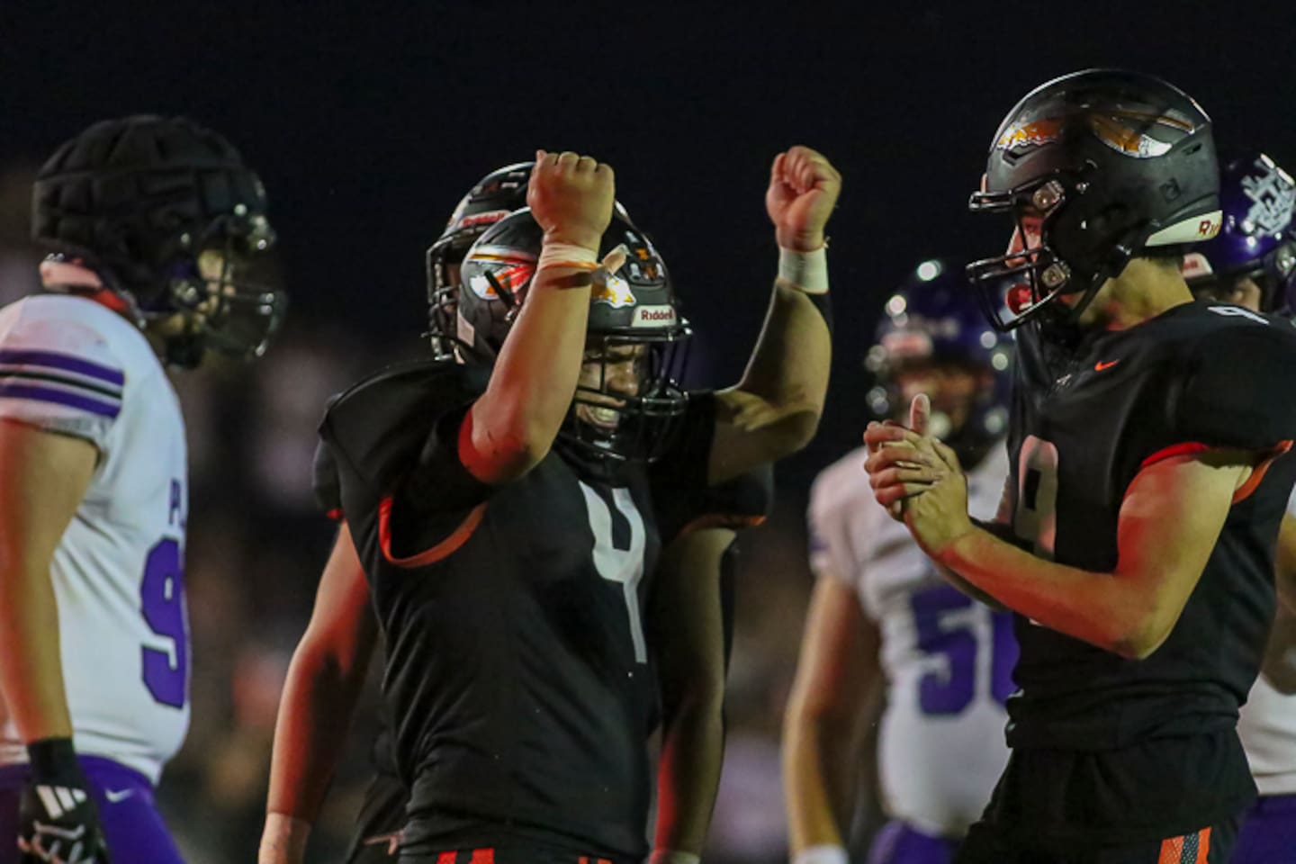 Sandwich's Cash White (4) celebrates a touchdown run during football game between Plano at Sandwich Friday, September 4th, 2026 in Sandwich.