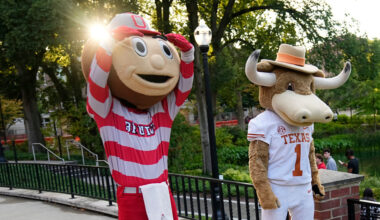 Ohio State mascot, Brutus, and University of Texas mascot, Hook 'Em, interact during a filming of the Joel Klatt Show on Ohio