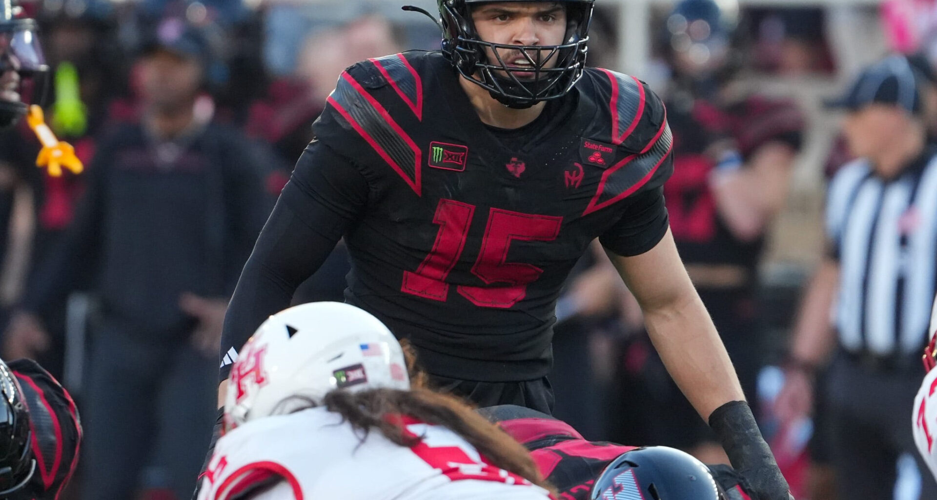 Texas Tech's Austin Romaine eyes the Houston offense during a Big 12 Conference football game, Friday, Sept. 18, 2026, at Galaxy