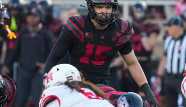 Texas Tech's Austin Romaine eyes the Houston offense during a Big 12 Conference football game, Friday, Sept. 18, 2026, at Galaxy