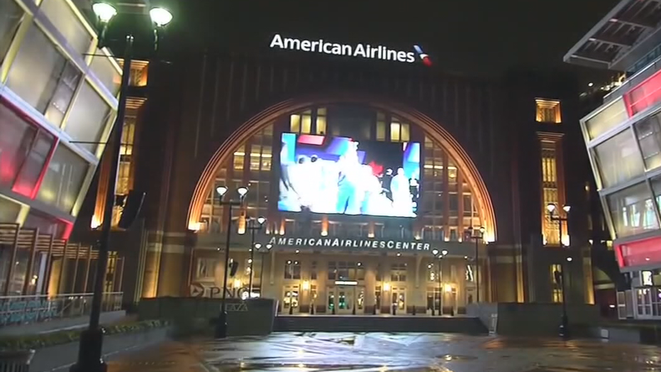 The American Airlines Center is seen at night in Dallas, Texas, in 2021.