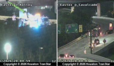 Truck tips over and loses load on overpass over North Loop 610; vehicle below impaled by pole