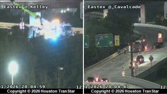 Truck tips over and loses load on overpass over North Loop 610; vehicle below impaled by pole