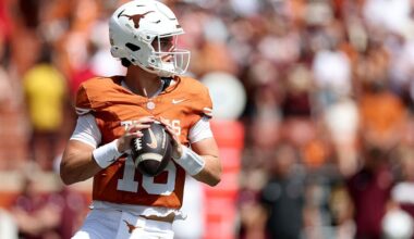 AUSTIN, TEXAS - SEPTEMBER 05: Arch Manning #16 of the Texas Longhorns looks to pass in the second quarter against the Texas State Bobcats at Darrell K Royal-Texas Memorial Stadium on September 05, 2026 in Austin, Texas. (Photo by Tim Warner/Getty Images)