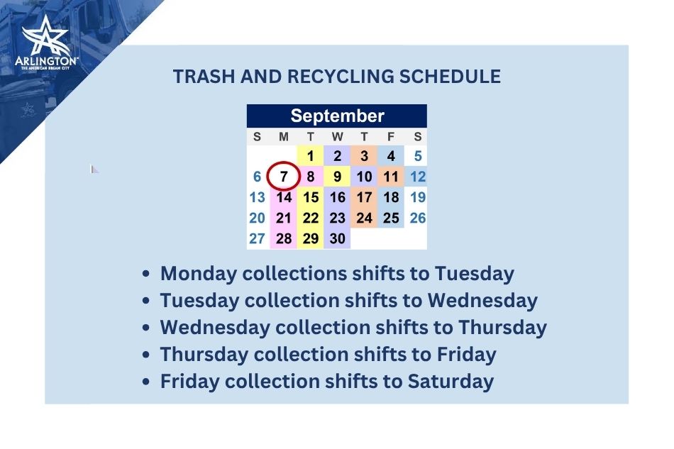 calendar showing labor day trash and recycling schedule