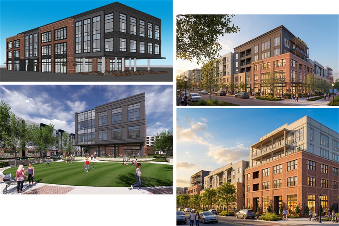 Four renderings of red brick buildings with green space.