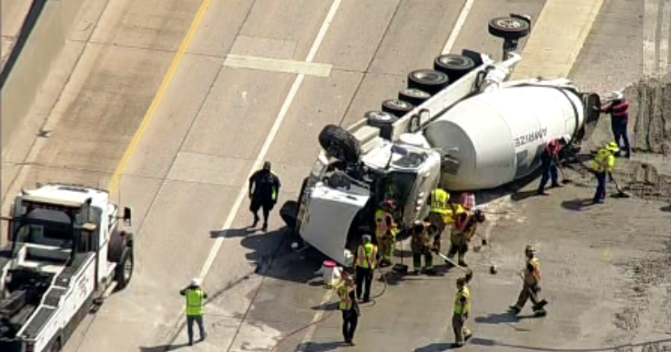 Concrete truck overturns on Dallas North Tollway in Plano, shuts down lanes
