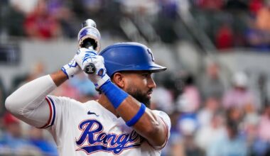 Texas Rangers shortstop Ezequiel Durán holds his bat while waiting on deck at Globe Life Field.