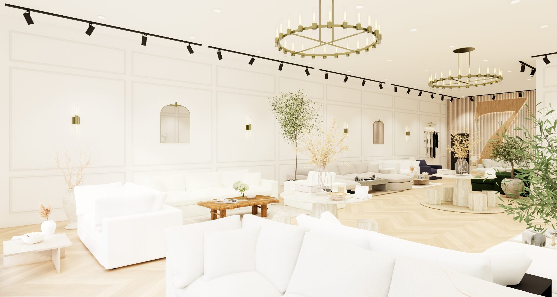 Modular sofas displayed throughout the 7th Avenue showroom at Legacy West in Plano