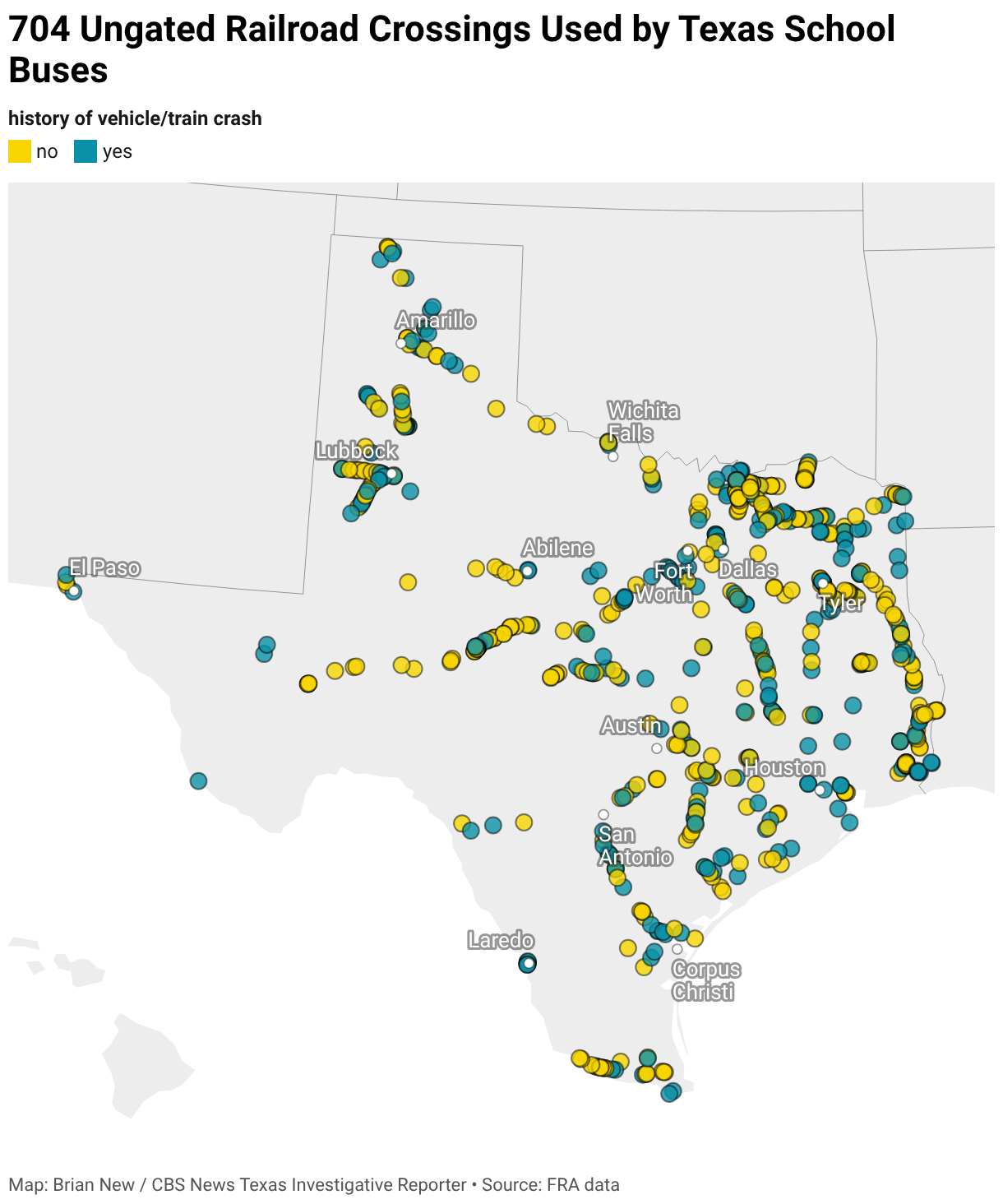 704 Ungated Railroad Crossings Used by Texas School Buses (Symbol map)