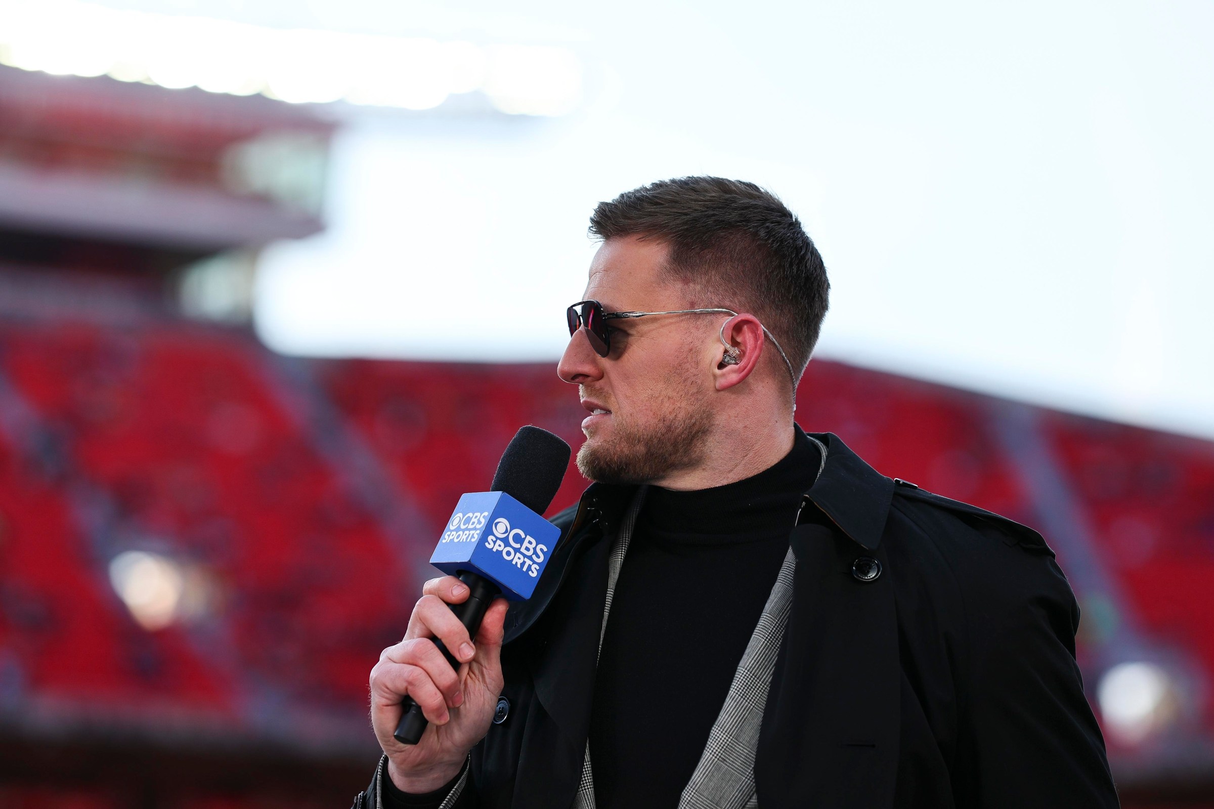 KANSAS CITY, MISSOURI - JANUARY 26: CBS Sports analyst J.J. Watt on set prior to the AFC Championship Game between the Kansas City Chiefs and the Buffalo Bills at GEHA Field at Arrowhead Stadium on January 26, 2025 in Kansas City, Missouri. (Photo by Aaron M. Sprecher/Getty Images)