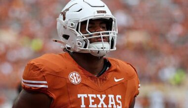 AUSTIN, TX - SEPTEMBER 06: Offensive Lineman Trevor Goosby #74 of the Texas Longhorns on the field for warmups before the college football game between Texas Longhorns and San Jose State Spartans on September 6, 2025, at Darrell K Royal - Texas Memorial Stadium in Austin, TX. (Photo by David Buono/Icon Sportswire via Getty Images)
