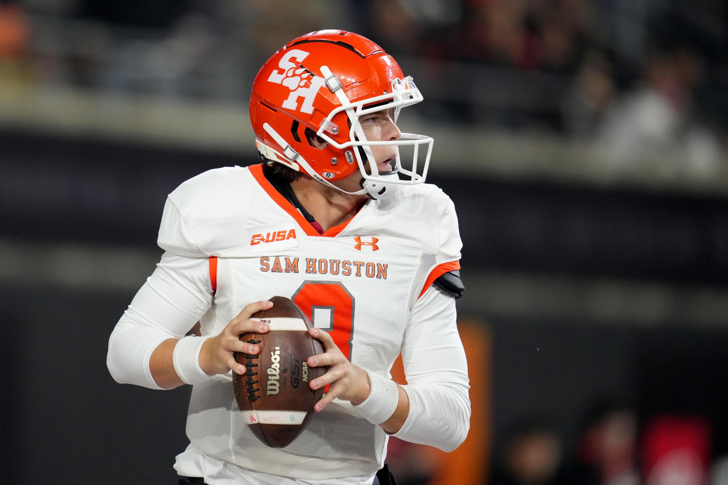 CORVALLIS, OREGON - NOVEMBER 08: Landyn Locke #8 of the Sam Houston Bearkats looks to throw during the second half against the Oregon State Beavers at Reser Stadium on November 08, 2025 in Corvallis, Oregon. (Photo by Soobum Im/Getty Images)