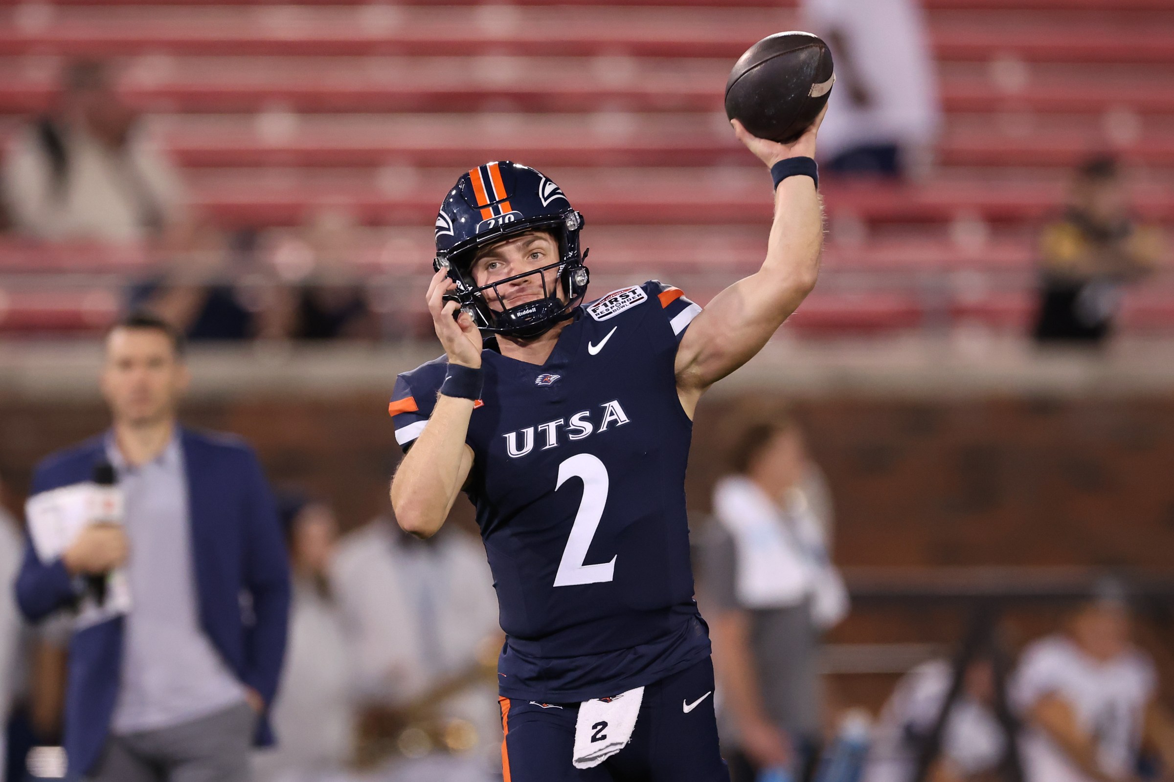 DALLAS, TEXAS - DECEMBER 26: Owen McCown #2 of the UTSA Roadrunners warms up prior to the 2025 SERVPRO First Responder Bowl against the FIU Panthers at Gerald J. Ford Stadium on December 26, 2025 in Dallas, Texas. (Photo by Sam Hodde/Getty Images)