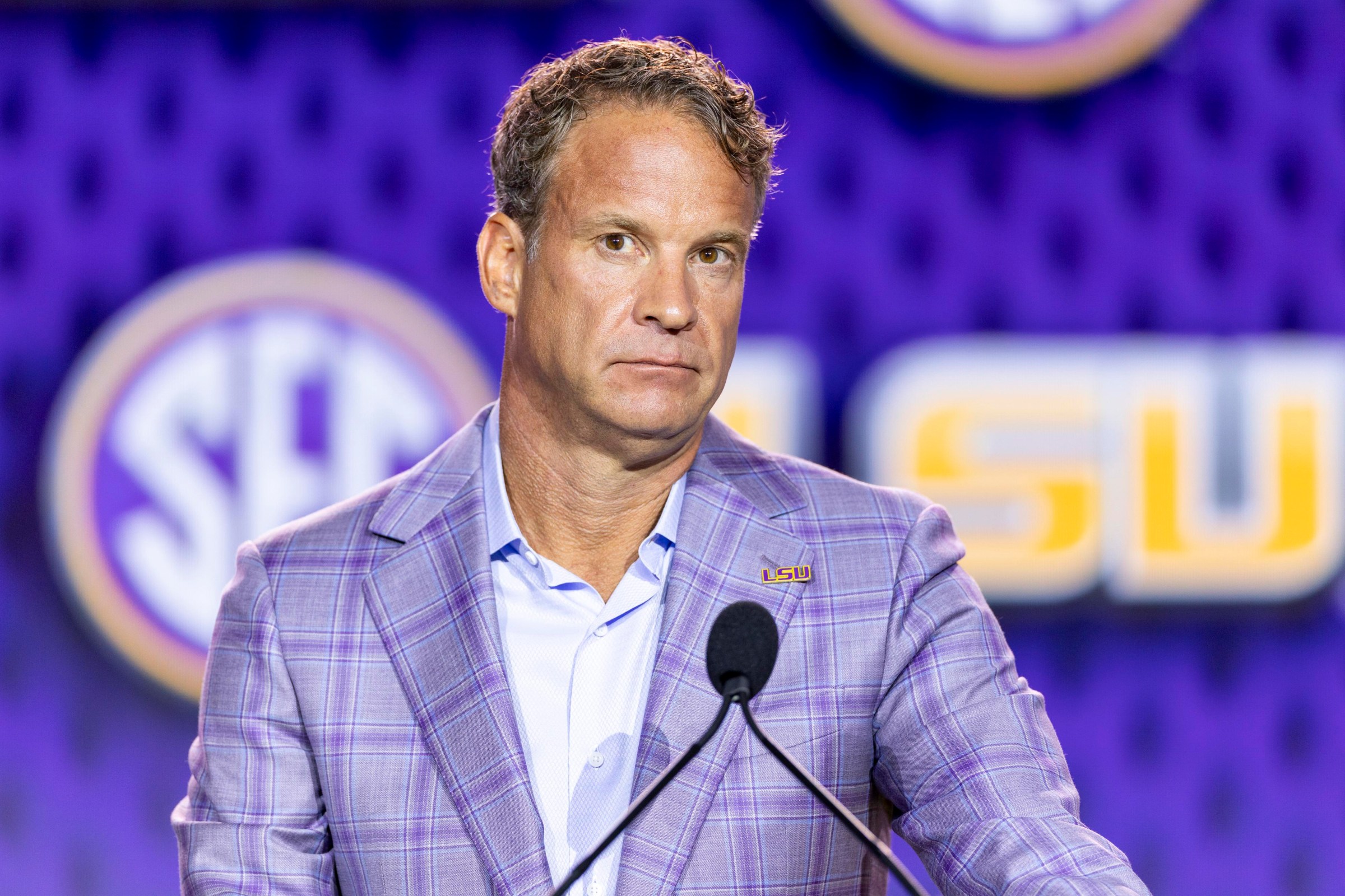 TAMPA, FLORIDA - JULY 23: Head Coach Lane Kiffin of the LSU Tigers speaks at SEC Football Kickoff Media Day at Tampa Marriott Water Street on July 23, 2026 in Tampa, Florida. (Photo by Parker S. Freedman/Getty Images)