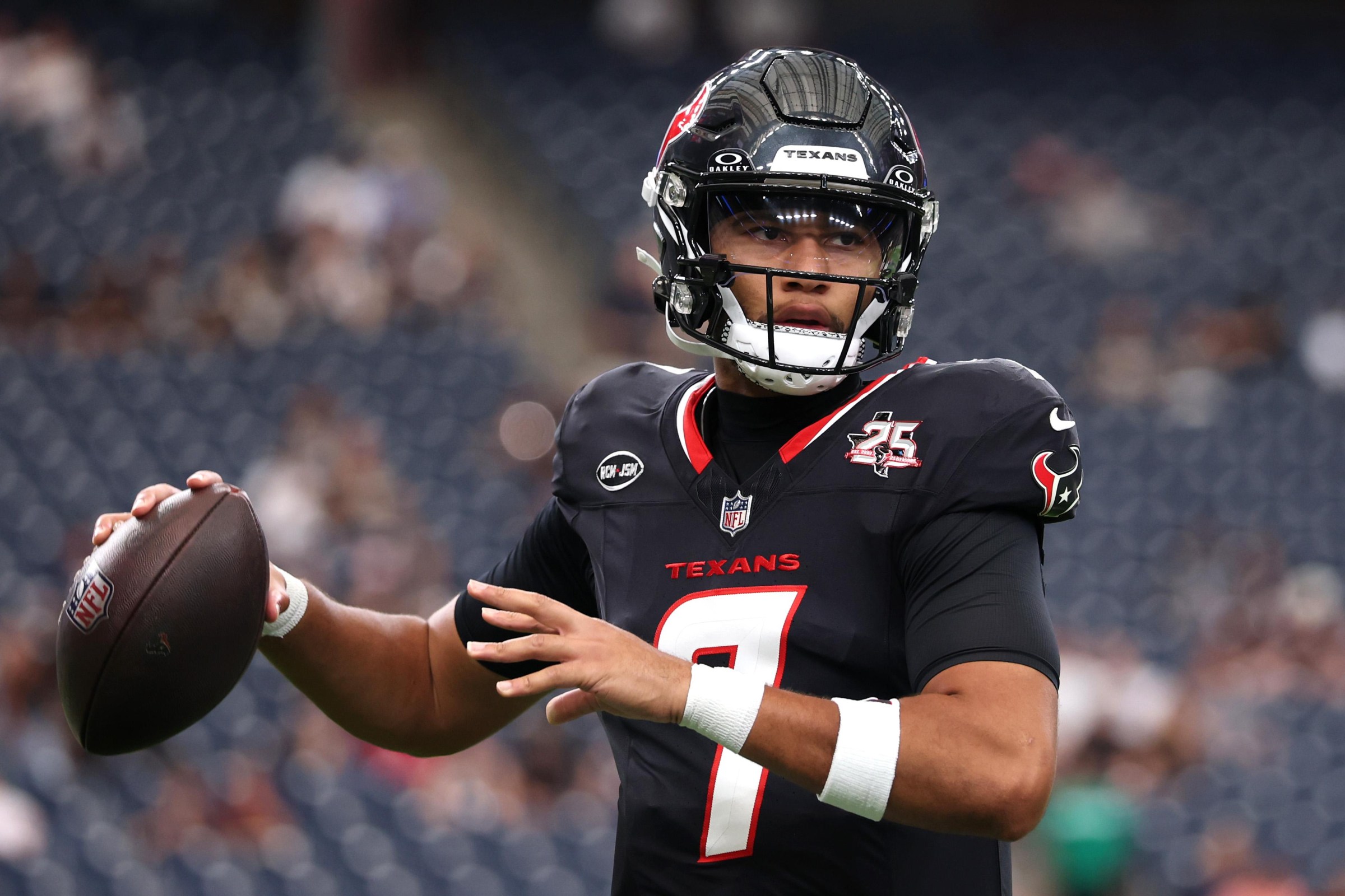 HOUSTON, TEXAS - AUGUST 20: C.J. Stroud #7 of the Houston Texans makes a pass during pregame warm ups prior to the first quarter of the game against the Las Vegas Raiders at NRG Stadium on August 20, 2026 in Houston, Texas. (Photo by Kenneth Richmond/Getty Images)