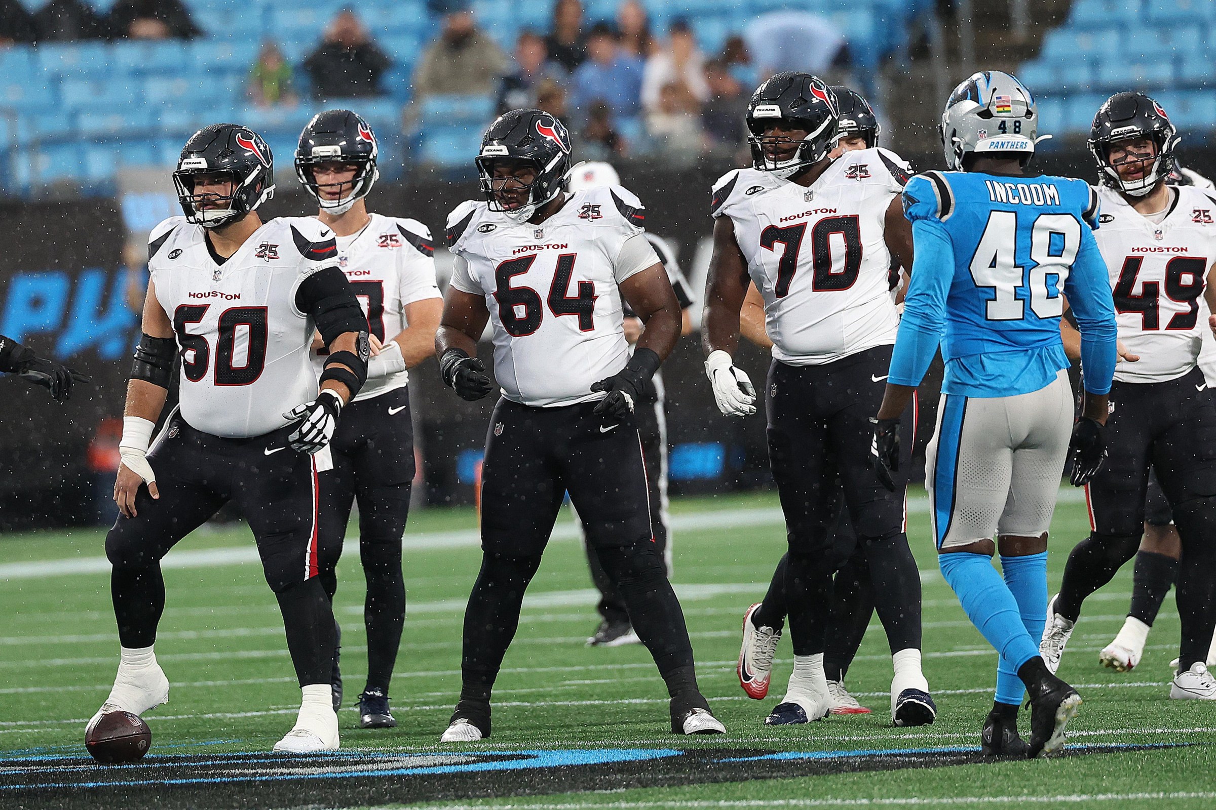 CHARLOTTE, NC - AUGUST 28: Houston Texans center Jake Andrews (60), guard Febechi Nwaiwu (64) and offensive tackle James Neal III(70) during a preseason NFL football game between the Houston Texans and the Carolina Panthers on August 28, 2026, at Bank of America Stadium in Charlotte, N.C.(Photo by John Byrum/Icon Sportswire via Getty Images)