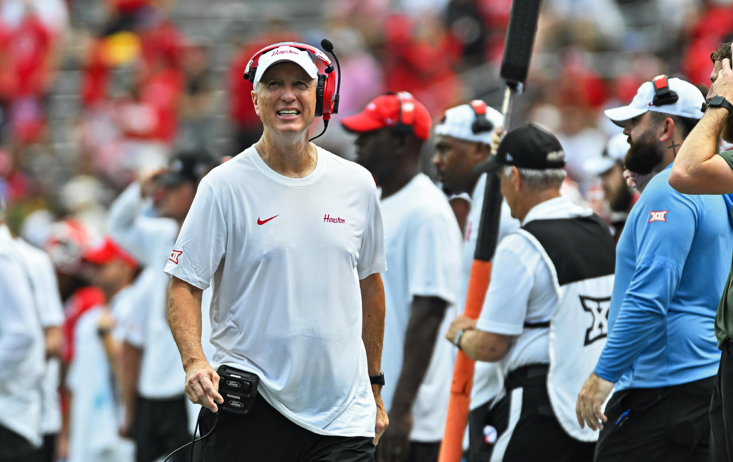 HOUSTON, CA - SEPTEMBER 05: Houston Cougars coach Willie Fritz walks along the sideline during the third quarter of a college football game between the Oregon State Beavers and Houston Cougars on Saturday, September 05, 2026 at TDECU Stadium in Houston, TX. (Photo by Austin McAfee/Icon Sportswire via Getty Images)