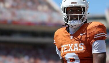 AUSTIN, TX - SEPTEMBER 05: Wide receiver Cam Coleman #8 of the Texas Longhorns on the field for warm ups before the college football game the Texas Longhorns and the Texas State Bobcats on September 5, 2026, at Darrell K Royal-Texas Memorial Stadium in Austin, TX. (Photo by David Buono/Icon Sportswire via Getty Images)