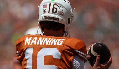 AUSTIN, TX - SEPTEMBER 05: Quarterback Arch Manning #16 of the Texas Longhorns on the field before the college football game the Texas Longhorns and the Texas State Bobcats on September 5, 2026, at Darrell K Royal-Texas Memorial Stadium in Austin, TX. (Photo by David Buono/Icon Sportswire via Getty Images)