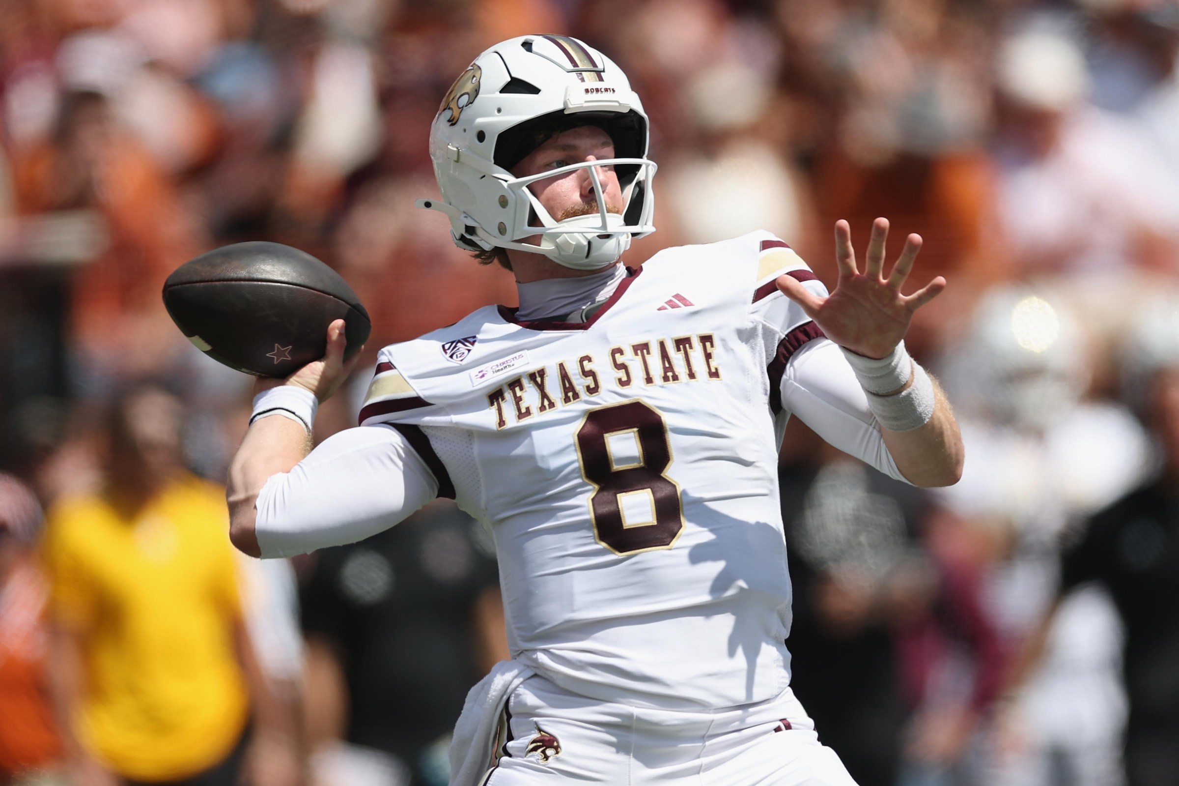 AUSTIN, TEXAS - SEPTEMBER 05: Brad Jackson #8 of the Texas State Bobcats throws a pass in the first half against the Texas Longhorns at Darrell K Royal-Texas Memorial Stadium on September 05, 2026 in Austin, Texas. (Photo by Tim Warner/Getty Images)