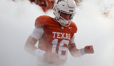 AUSTIN, TX - SEPTEMBER 12: Quarterback Arch Manning #16 of the Texas Longhorns runs onto the field surrounded by smoke before the start of the college football game the Texas Longhorns and the Ohio State Buckeyes on September 12, 2026, at Darrell K Royal-Texas Memorial Stadium in Austin, TX. (Photo by David Buono/Icon Sportswire via Getty Images)