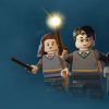 Three LEGO minifigures in gray uniforms fly together, with the center figure raising a glowing wand.