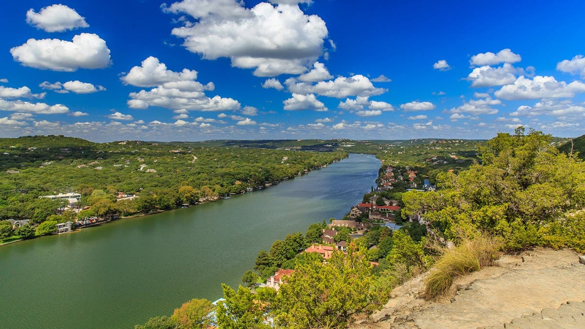 View from Mount Bonnell overlooking Lake Austin and the city of Austin, Texas.
