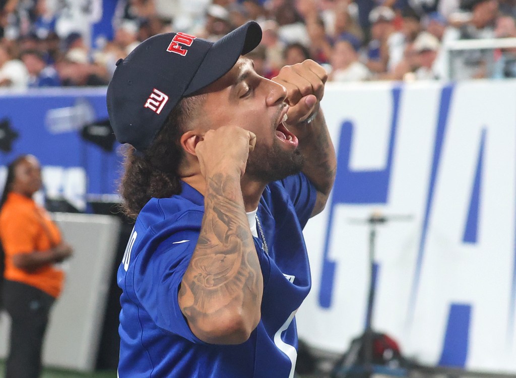 New York Knicks' Jose Alvarado reacts during the first half of a game between the New York Giants and the Dallas Cowboys.