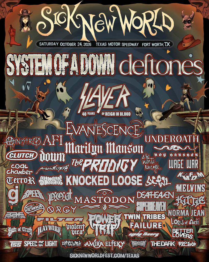 Graphic shows the lineup for the Sick New World Festival in Fort Worth, Texas 2026.