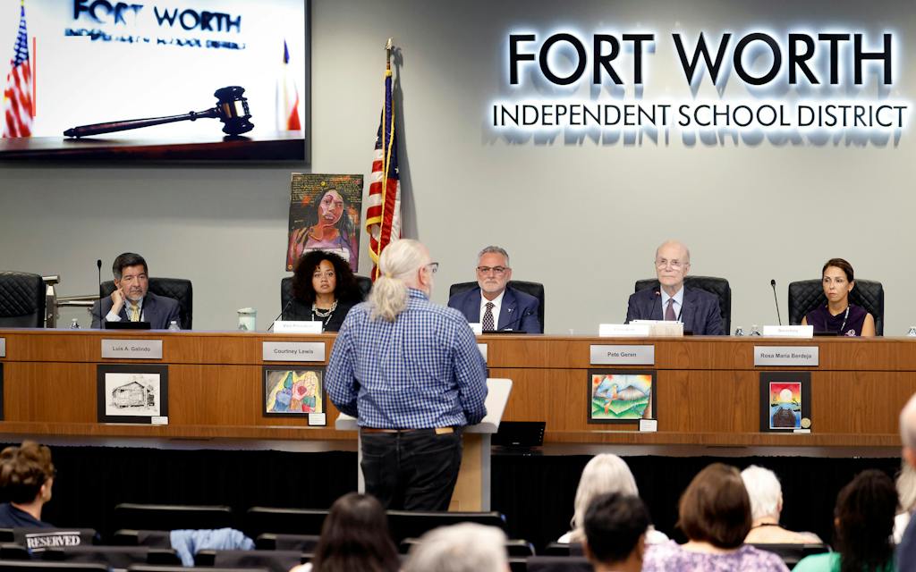 Parents and district advocates went before the new Fort Worth Independent School board and Superintendent Dr. Peter B. Licata (center, facing) at the District Service Center in Fort Worth on March 31, 2026