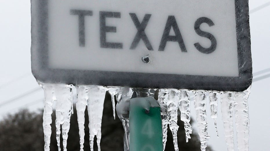 Icicles hang off the State Highway 195 sign on February 18, 2021 in Killeen, Texas.