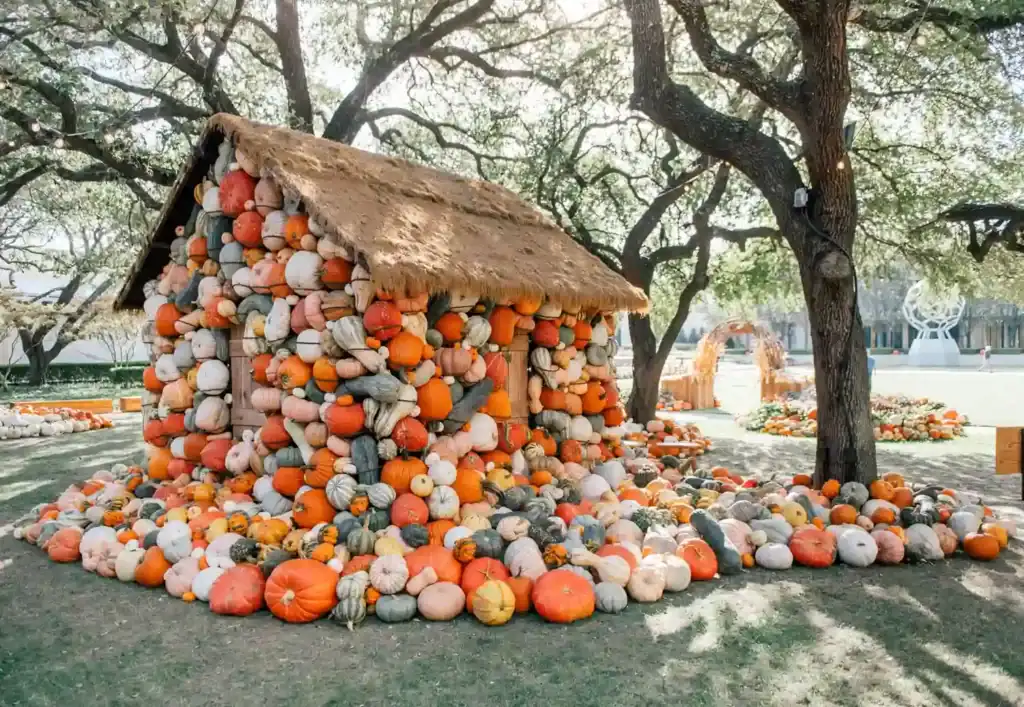 Colorful pumpkin display at NorthPark Pumpkin Patch for fall festivities.