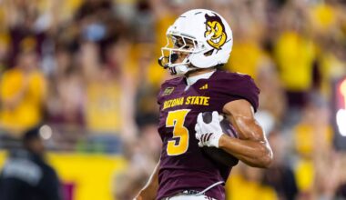 Oct 10, 2026; Tempe, Arizona, USA; Arizona State Sun Devils wide receiver Reed Harris (3) scores a touchdown against the Hawaii Rainbow Warriors in the first half at Mountain America Stadium. Mandatory Credit: Mark J. Rebilas-Imagn Images