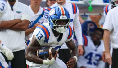 Florida running back Jadan Baugh (13) runs during the second half of an NCAA football at Steve Spurrier Field at Ben Hill Griffin Stadium in Gainesville, FL on Saturday, October 10, 2026. [Alan Youngblood/Gainesville Sun]
