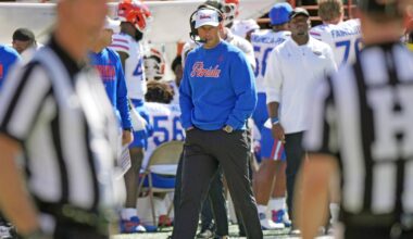 Oct 17, 2026; Austin, Texas, USA;  Florida Gators hc Head Coach Jon Sumrall during the first half against the Texas Longhorns at Darrell K Royal-Texas Memorial Stadium.  Mandatory Credit: Scott Wachter-Imagn Images