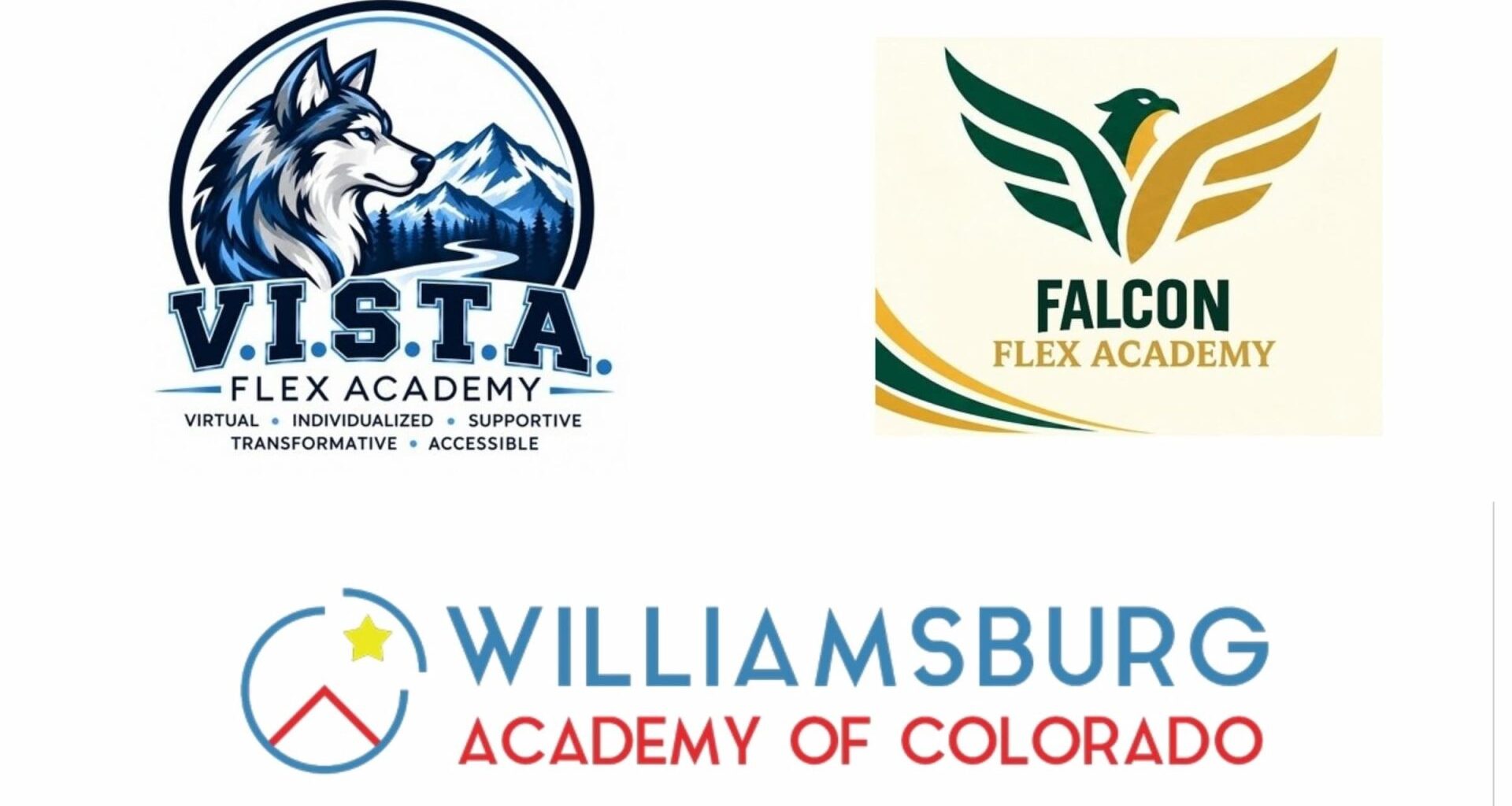 Logos for V.I.S.T.A. Flex Academy, Falcon Flex Academy and Williamsburg Academy of Colorado, from top left to bottom.