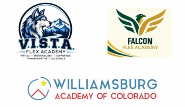 Logos for V.I.S.T.A. Flex Academy, Falcon Flex Academy and Williamsburg Academy of Colorado, from top left to bottom.