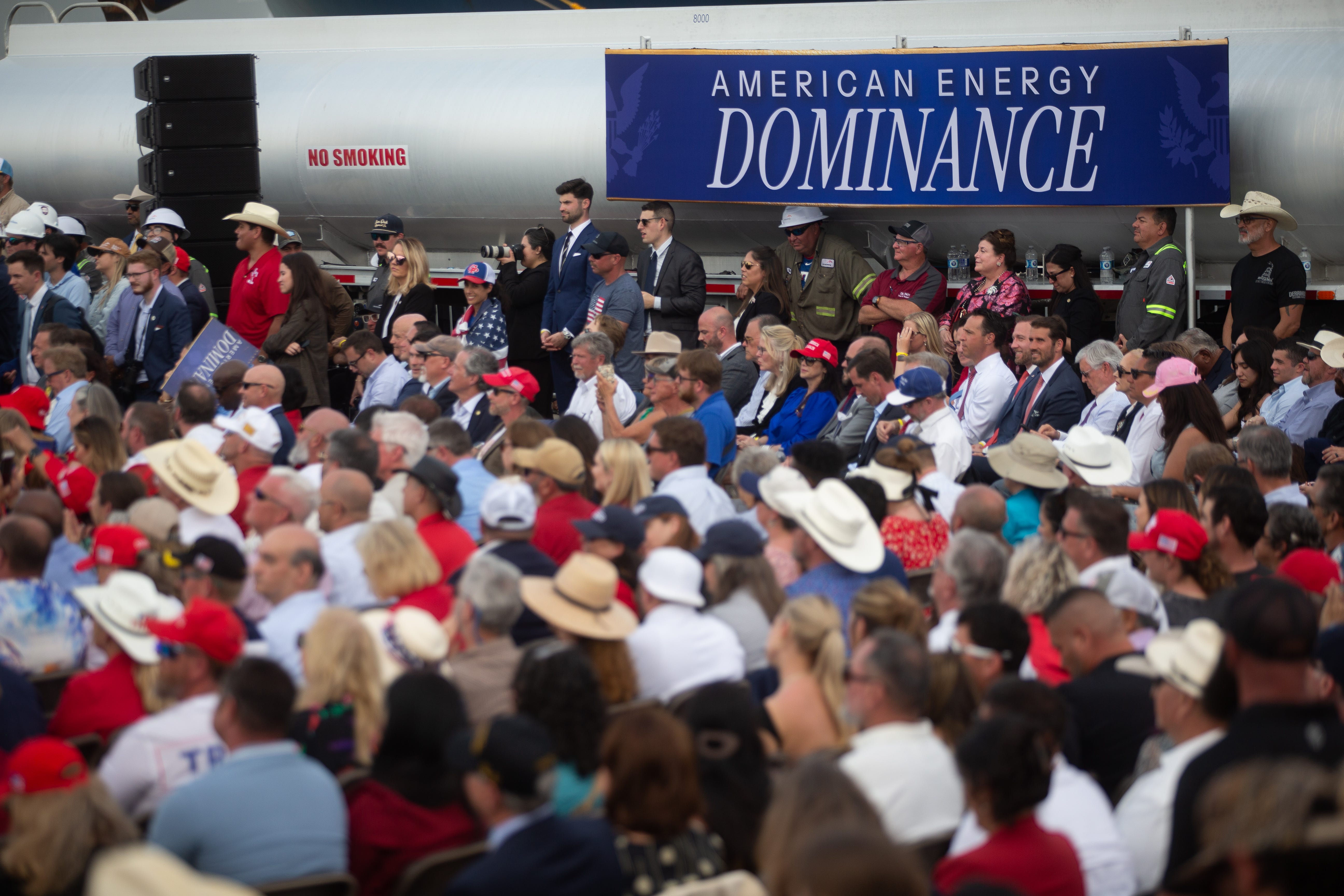 A crowd listens to President Donald Trump at the Port of Corpus Christi in Corpus Christi, Texas, on Feb. 27, 2026.
