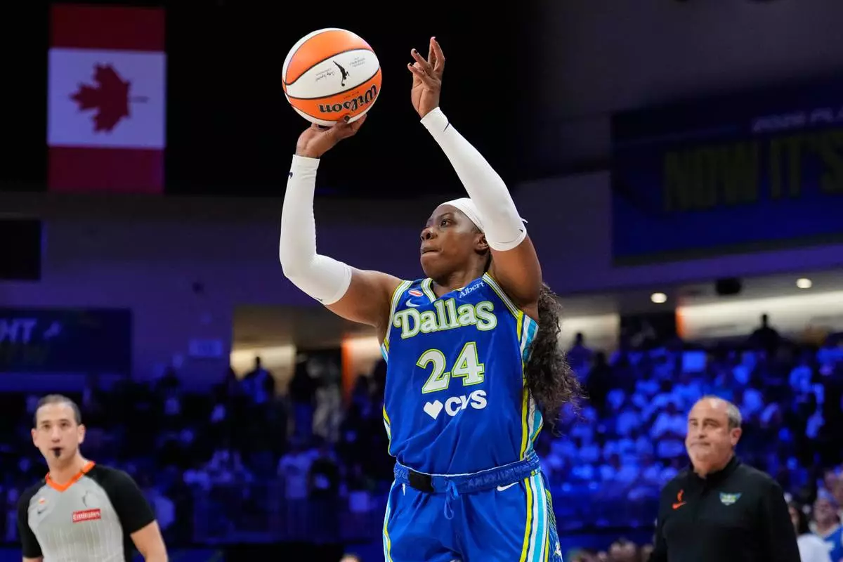 Dallas Wings' Arike Ogunbowale (24) shoots in the second half of a WNBA basketball first-round playoff game against the Golden State Valkyries Wednesday Sept. 30, 2026, in Arlington, Texas. (AP Photo/Tony Gutierrez)